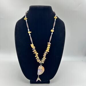 Vintage Large Shell Carved Fish Necklace Statement Pendant Beaded Beach Jewelry